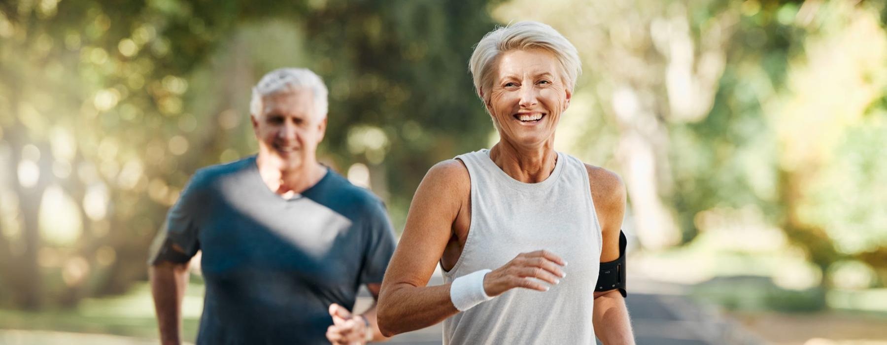 a man and woman running
